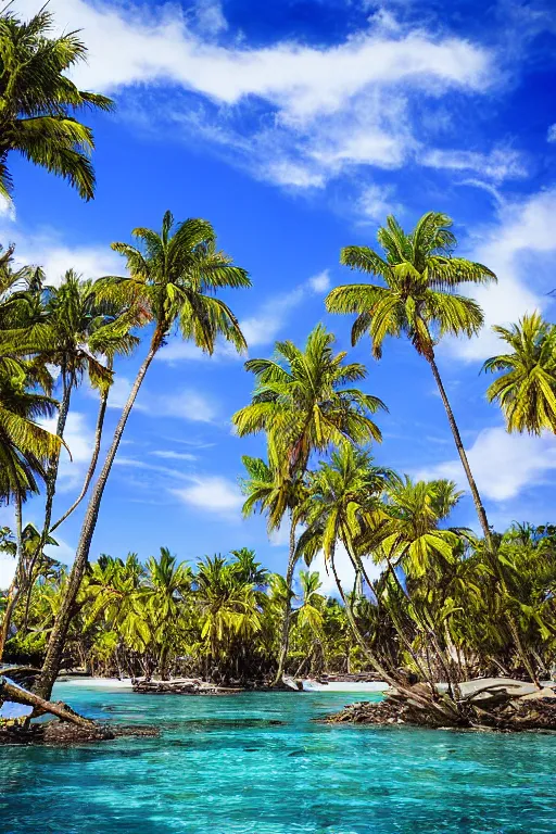 Prompt: palms lean over crystal clear water, photograph by scott westmoreland