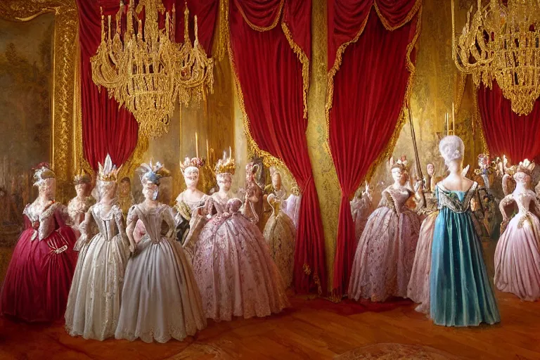 Image similar to in the versailles hall of mirrors, queen marie - antoinette dances in the foreground with her ladies - in - waiting at a masked ball. all high ladies are dressed in colourful, opulent robes embroidered with glittering sequins. the hall of mirrors features ornate crystal chandeliers with glowing candles and golden ornaments. photorealism red velvet curtains on the windows with night lights outside