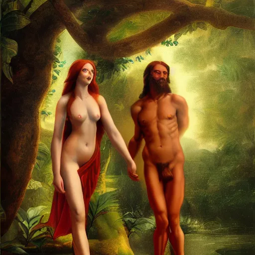 Image similar to adam and eve at paradise as a raphael paint, forbidden tree, art concept, artstation,