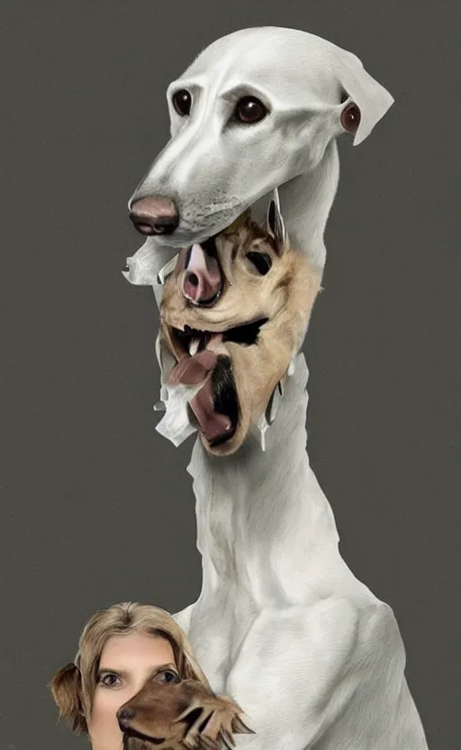 Image similar to human borzoi, human with elongated face and skull, dog man, cute, strange, surreal, hyperrealistic