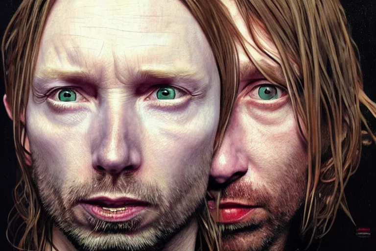 Prompt: hyper realistic portrait of thom yorke mixed with kurt cobain, bigger forehead, bigger chin, from the side, by lee bermejo, alphonse mucha and greg rutkowski