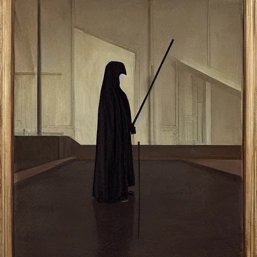 Image similar to the grim reaper standing stoic in black robe, holding scythe, waiting patiently, in a museum with paintings and people, perfect composition, by edmond leighton, simon stalenhag