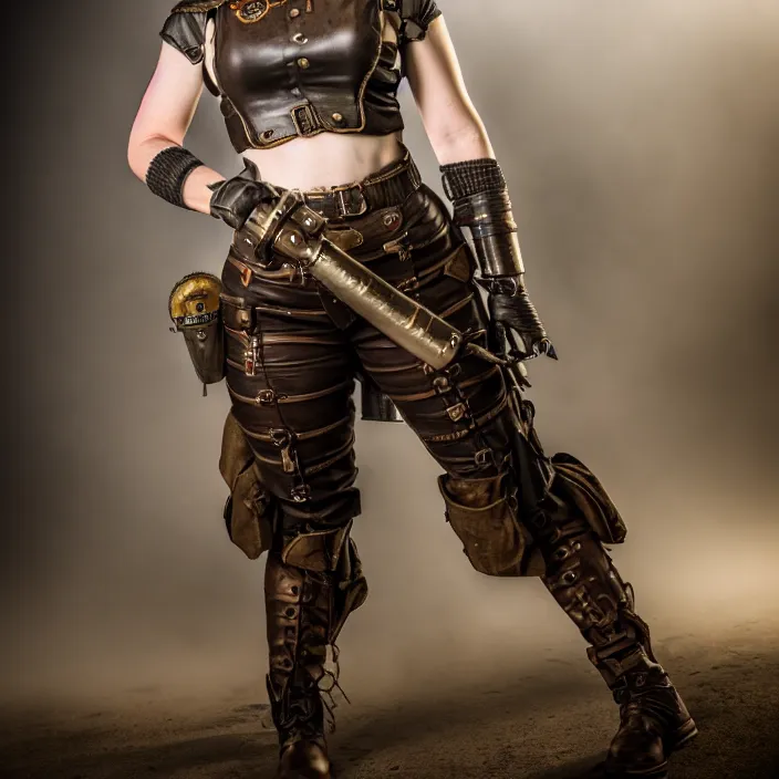 Image similar to full length photo of a very beautiful female dieselpunk warrior, 8 k, hdr, smooth, sharp focus, high resolution, award - winning photo