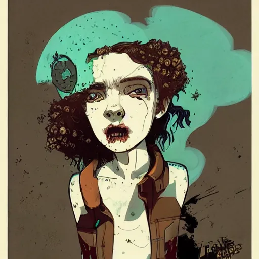 Image similar to Highly detailed portrait of a punk zombie young lady with freckles and brown curly hair hair by Atey Ghailan, by Loish, by Bryan Lee O'Malley, by Cliff Chiang, was inspired by image comics, inspired by scott pilgrim, inspired by graphic novel cover art !!!gold, silver, opal, brown, black, and white color scheme ((grafitti tag brick wall background))