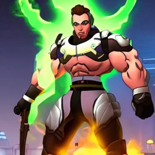 Image similar to a screenshot of arnold schwarzenegger as genji in overwatch