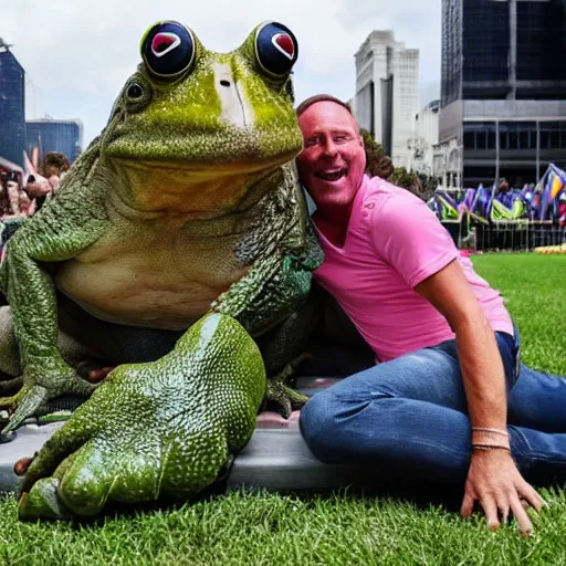 Image similar to alex jones and a giant frog atten the pride festival together