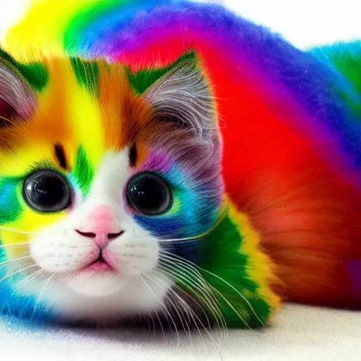 Prompt: retarded rainbow kitten! laying on it ‘ s back showing it ‘ s fluffy belly while looking at the camera!, photorealistic, anatomically correct, sharp focus, 4 k, beautiful,