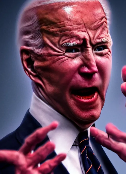 Image similar to hyper realistic ultra realistic chaos magic photo furious glowing red eyes biden, high quality photo, detailed , 8k