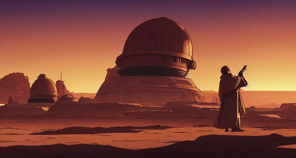 Image similar to beautiful wide shot tatooine landscape, obi wan kenobi and Luke skywalker in land-speeder, Star Wars a new hope 1977, studio ghibli, Miyazaki, Greg rutkowski, Alphonse mucha, Moebius , animation, golden hour, highly detailed, hdr, vivid color, 70mm