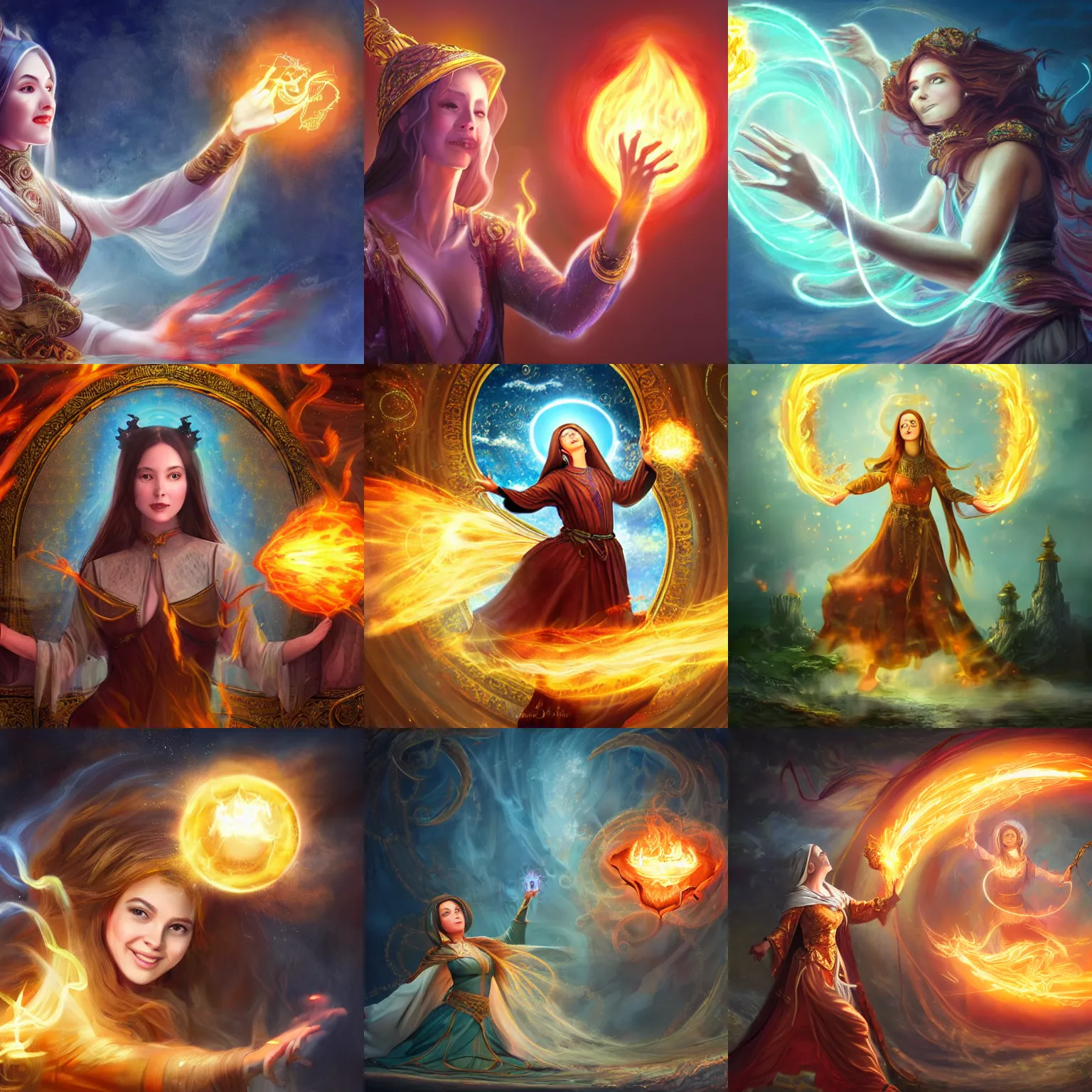 Prompt: breathtaking detailed concept art painting of a smiling female sorceress casting fireball chasing will-o-wisp , orthodox saint, ornate background