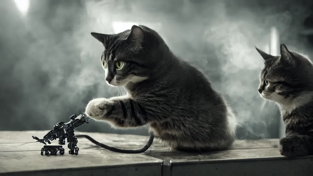 Image similar to cat putting the finishing touches on a small weaponized robot, cinematic moody lighting, smoky laboratory, sharp focus, imax