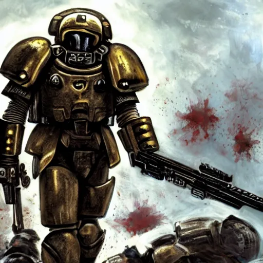 Image similar to heavy armor soldier wearing space marine like armor but in real life, walking in a river of blood full of human bloody dead bodies and human parts, shooting with his gun, explosions in background, painting style