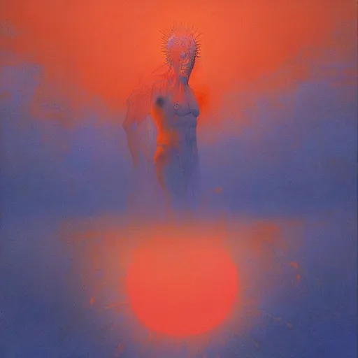 Prompt: painting of the god of the sun floating in the red sky, by beksinski, ruan jia, wayne barlowe, dark soul art, trending on artstation