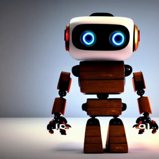 Image similar to a cute little robot consists wood. super realistic 8 k render of a elegant, cinematic composition