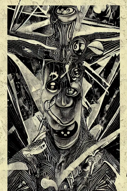 Image similar to digital collage of tarot, occult, comic book art style, grey aliens, typography, ufos, vintage, apocalyptic, hr giger, ghosts, demons, supernatural, sci - fi, technology, gnosticism, japanese art, surrealism, psychedelic