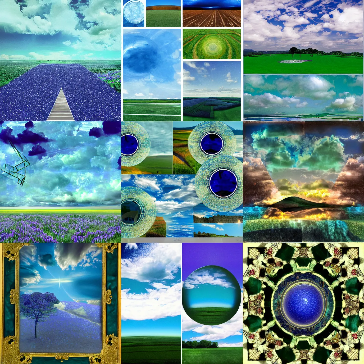 Prompt: a sapphire field, a emerald sky, surreal collage