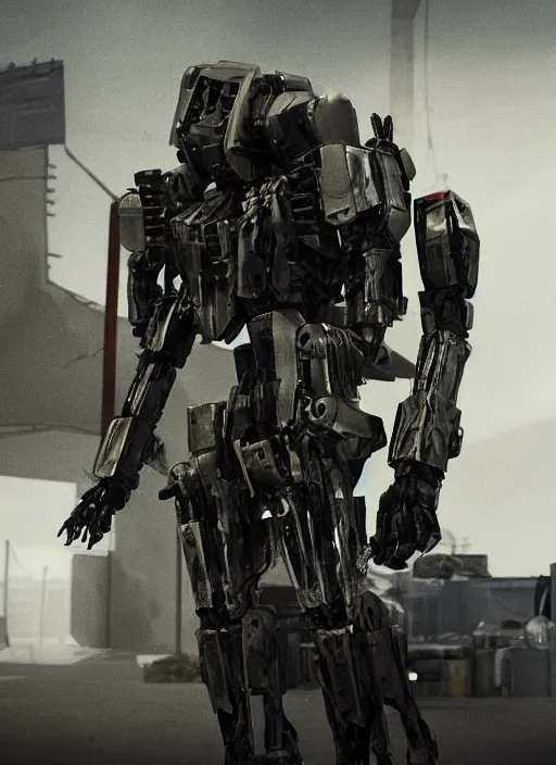 Image similar to mecha wearing black torn cloak cloth exposing chrome internals wiring harness armored damaged. creepy decay style of Roger Deakins Jeremy Saulnier Newton Thomas Sigel Robert Elswit Greig Fraser trending rtx on ue4