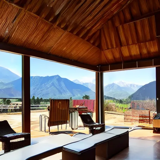 Image similar to a sunny covered lounge with a swimming pool with clean water next to a large window with a view of the mountains, photo