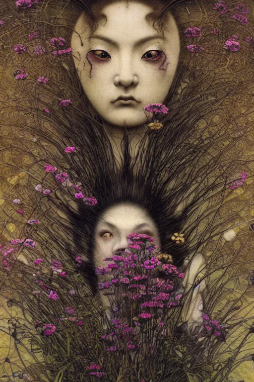 Prompt: hyper realistic traditional japanese illustration of flower meadow, in the style of austin osman spare, wayne barlowe, gustav moreau, goward, bussiere and roberto ferri, santiago caruso, bouguereau, klimt, saturno butto, sorayama and tom bagshaw. occult art