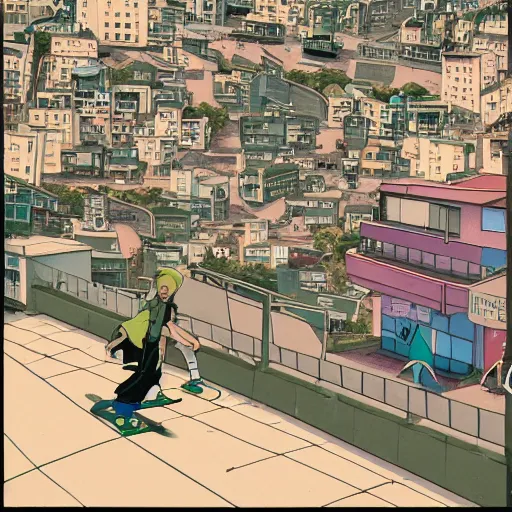 Image similar to city street, sloped street, city on tall hillside, street scene, rollerbladers grinding on rails, skaters, rollerskaters, cel - shading, 2 0 0 1 anime, flcl, jet set radio future, golden hour, japanese town, concentrated buildings, japanese neighborhood, electrical wires, cel - shaded, strong shadows, vivid hues, y 2 k aesthetic