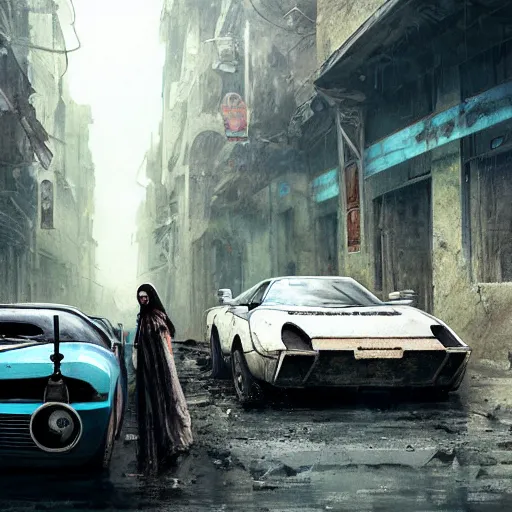 Prompt: a beautiful picture of a woman next to a Lancia Stratos in a post apocalyptic street by Greg Rutkowski and Ruan Jia trending on Artstation