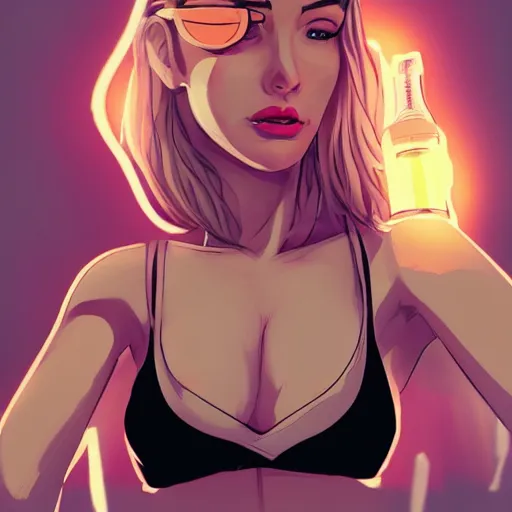 Prompt: Portrait of a attractive smirking woman in a tank top taking an overhead selfie, character design, accentuated feminine features, fantasy, comic book visual style, atmospheric lighting, highly detailed, heavy contour lines, realism, cel shading, vibrant colors, ArtStation, trending on ArtStation, DeviantArt, by David Nakayama