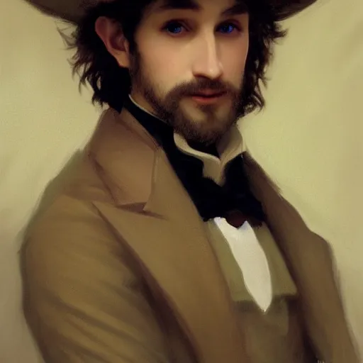 Image similar to detailed portrait painting of gentleman elf wearing brown tuxedo by William-Adolphe Bouguereau, fantasy, artstation, deviantart, dungeons & Dragons, RPG