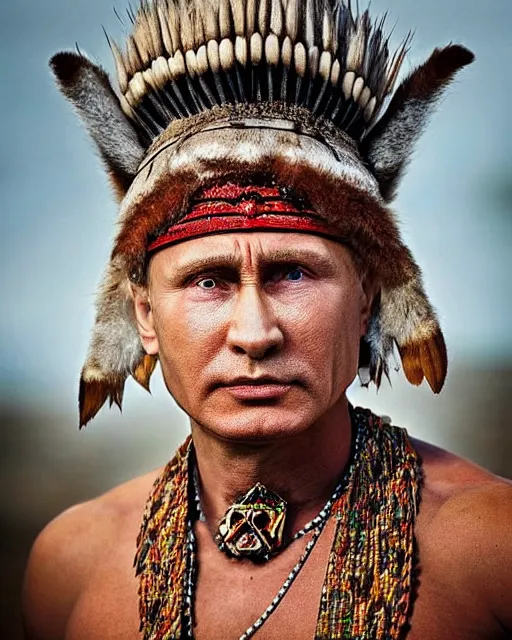 Prompt: a portrait photograph of Vladimir Putin as a tribal shaman from the stone age, centered face, highly symmetric, DSLR photography