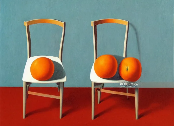 Prompt: white canvas texture on a painting by rene magritte showing 2 chairs like apples and oranges. elegant, highly detailed, artstation, smooth, sharp focus