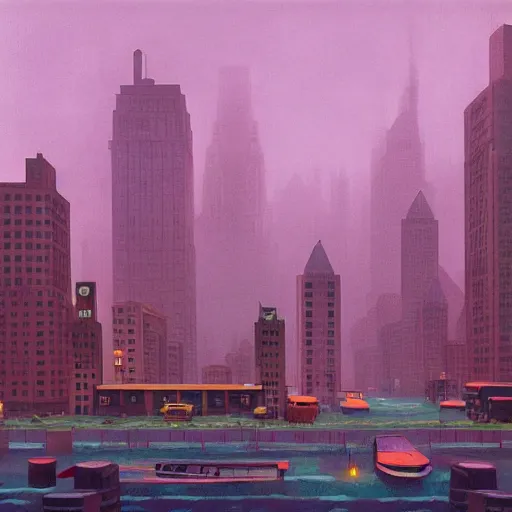 Image similar to New York under water by Simon Stålenhag and Grant Wood