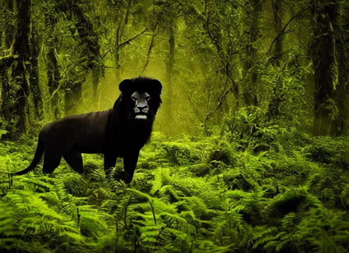 Image similar to professional wildlife photograph of a black lion standing in a foggy dark jungle at night, surrounded by dense dark trees at night, moss, ferns, cinematic lighting, apex predator, natgeo