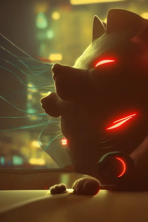 Image similar to cat with a computer mouse in its mouth. cinematic, cyberpunk, digital art, blender, octane render, volumetric lighting, 8 k, detailed, trending on artstation