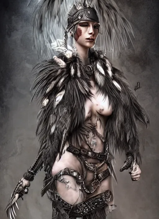 Image similar to digital art of a young woman in dark shamanistic ritual clothing accented by black feathers, post apocalyptic, dystopian, high resolution, highly detailed, fallout, raider, 4 k, artstation, dark lighting