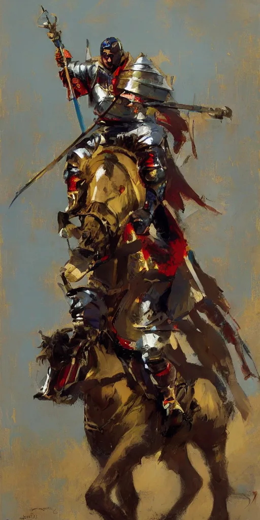 Image similar to portrait of colorful rider holding jousting lance, caparisons, chainmail, by greg manchess, bernie fuchs, ruan jia, walter everett