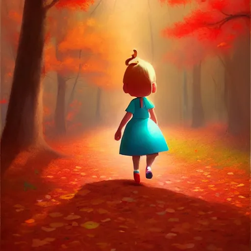 Prompt: goro fujita ilustration a beautiful little girl smiling, walking calmly through an autumn forest, characterized by samantha mash, character art, sharp focus, highly detailed, artstation