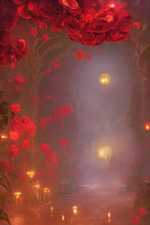 Image similar to Red Rose Garden, Art Nouveau Cosmic 4k Detailed Matte Illustration featured on Getty Images ,CGSociety, Jade and Carrot orange color scheme, Pastiche by Marc Simonetti, Pastiche by Cedric Peyravernay