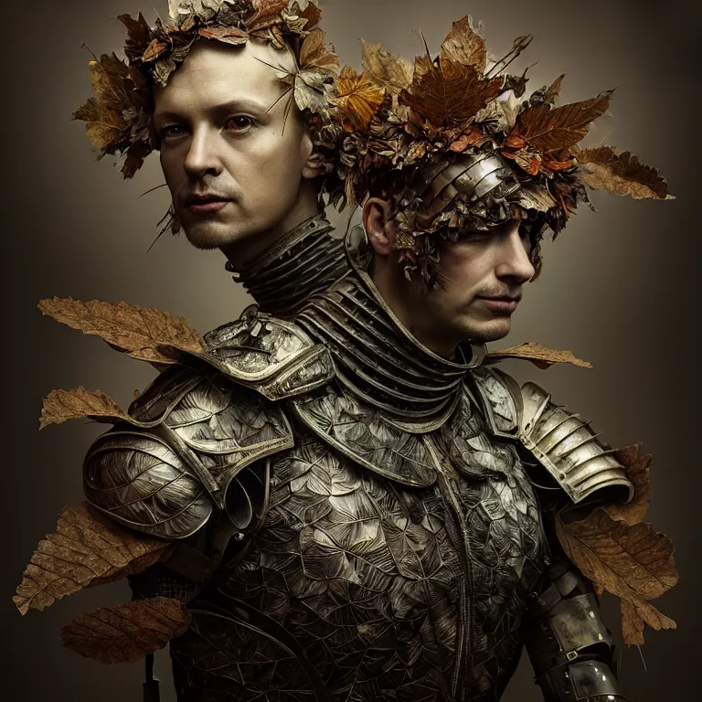 Image similar to old tintype portrait of a realistic complete armour made of leaves, dramatic light, dystopian environment, intricate, elegant, highly detailed, centered headdress, artstation, sharp focus, artgerm, tomasz alen kopera, peter mohrbacher, donato giancola, joseph christian leyendecker, wlop, boris vallejo, frank frazetta