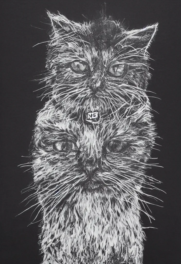 Image similar to fluffy cat with an afro comb t - shirt design, by jules julien, alex yanes, dark grisaille monochrome neon spraypaint, ironic surrealism, hypebeast