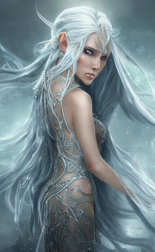 Image similar to an elven woman with long, silver hair cascading down her back. she has delicate, angular features and piercing blue eyes. she's clad in a flowing white dress with intricate silver embroidery, dynamic lighting, photorealistic fantasy concept art, trending on art station, stunning visuals, creative cinematic, ultra detailed