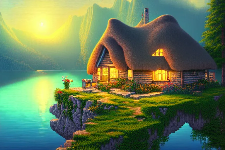 Image similar to view of a cottage above an azure lake, beautiful detailed pixelart by albertov and by wlop, intricate details, dithered gradients, beautiful, volumetric lighting, cgsociety, artstation