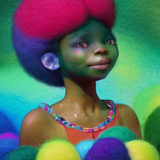 Image similar to a black girl with a colorful afro and rainbow eyes, in a candy forest! at night, bokeh, bright colours, watercolor, volumetric wool felting, macro photography, children illustration, by goro fujita