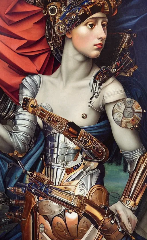 Prompt: beautifully painted mural of a stunning young cyborg muse in ornate royal armor, piercing glowing eyes, sci fi scenery, vogue cover poses, mural in the style of sandro botticelli, caravaggio, albrecth durer