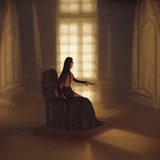 Prompt: a woman sitting on a chair inside of a dark, foreboding room, 1 7 0 0 s oil painting, dark art, vignette, bloom effect, cgsociety, artstation, 4 k, 8 k