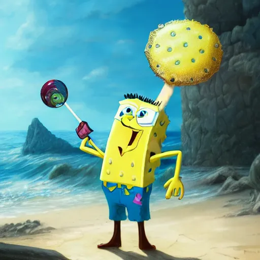 Image similar to a beautiful portrait of an epic fantasy style spongebob holding a giant lollipop and wearing a pair of old fashioned aviator goggles, Bikini Bottom is the background, insanely detailed, 3D art, Greg Rutkowski, Charlie Bowater, unreal 5, DAZ, Maya Render, hyperrealistic, octane render, RPG portrait, dynamic lighting, fantasy art