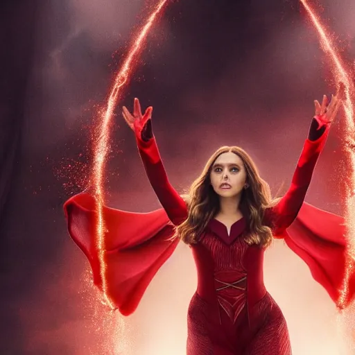 Image similar to elizabeth olsen as the scarlet witch, floating in the air as she emanates magic from her palms, full - body portrait, 3 5 mm!!!!! photography, disdain facial expression, messy!!!!! hair, trending on artstation, photorealistic!!!!!, 4 k, 8 k