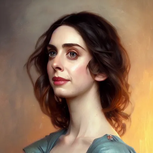 Image similar to a portrait painting of alison brie / anne hathaway hybrid in the oil painting unreal 5 daz. rpg portrait, extremely detailed artgerm greg rutkowski alphonse mucha vladimir volegov