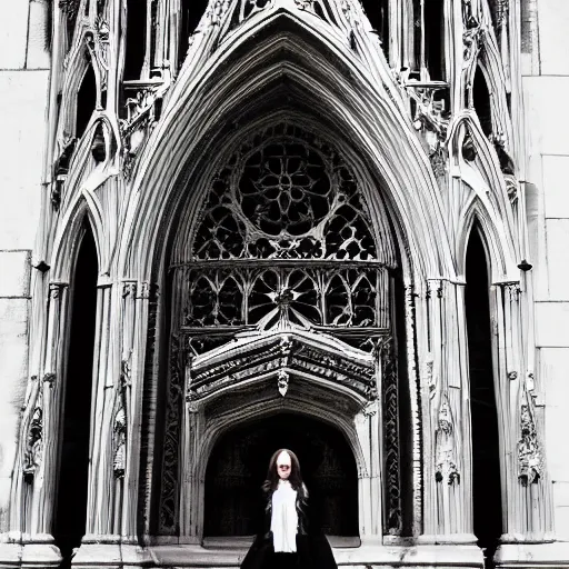 Prompt: a white marble gothic cathedral with mandala windows, a gothic girl dressed in black