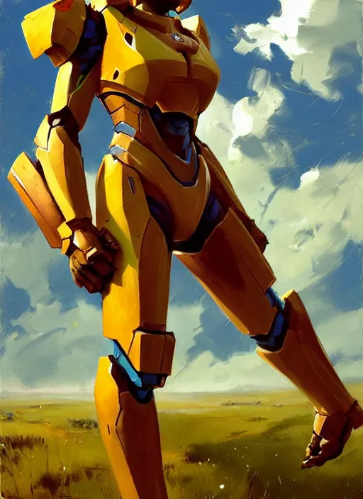 Image similar to Greg Manchess painting of Samus from Metroid Prime wearing Forerunner Armor from Halo, countryside, calm, fantasy character portrait, dynamic pose, above view, sunny day, thunder clouds in the sky, artwork by Jeremy Lipkin and Giuseppe Dangelico Pino and Michael Garmash and Rob Rey, very coherent asymmetrical artwork, sharp edges, perfect face, simple form, 100mm