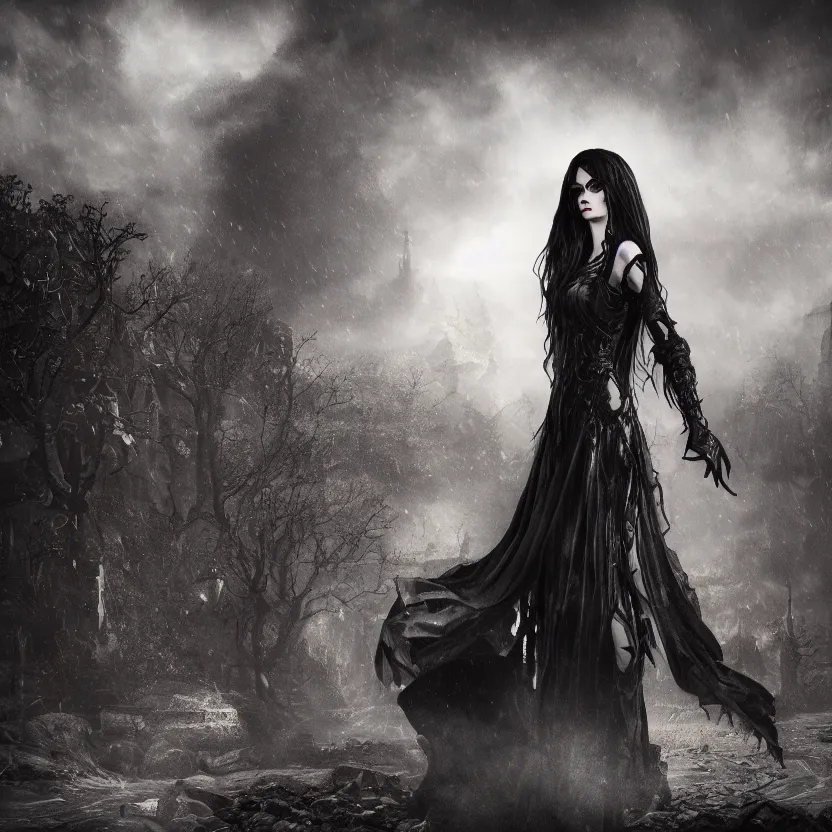 Prompt: stunning Gothic goddess of beauty, dark and mysterious, atmospheric, ominous, eerie, cinematic, Epic, 8k, 4k, ultra detail, ultra realistic, rendered by awesomeness