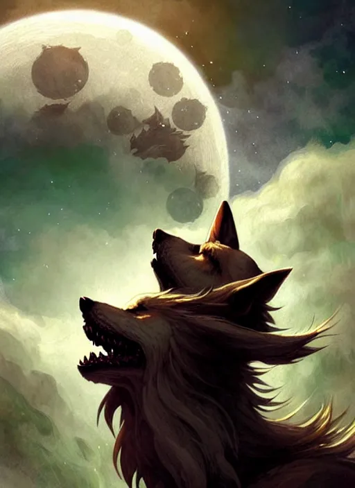 Image similar to Fenrir howling at the moon, Nordic landscape, fantasy magic, dark light night, sharp focus, digital painting, concept art, d&d, art by WLOP and Artgerm and Greg Rutkowski and Alphonse Mucha